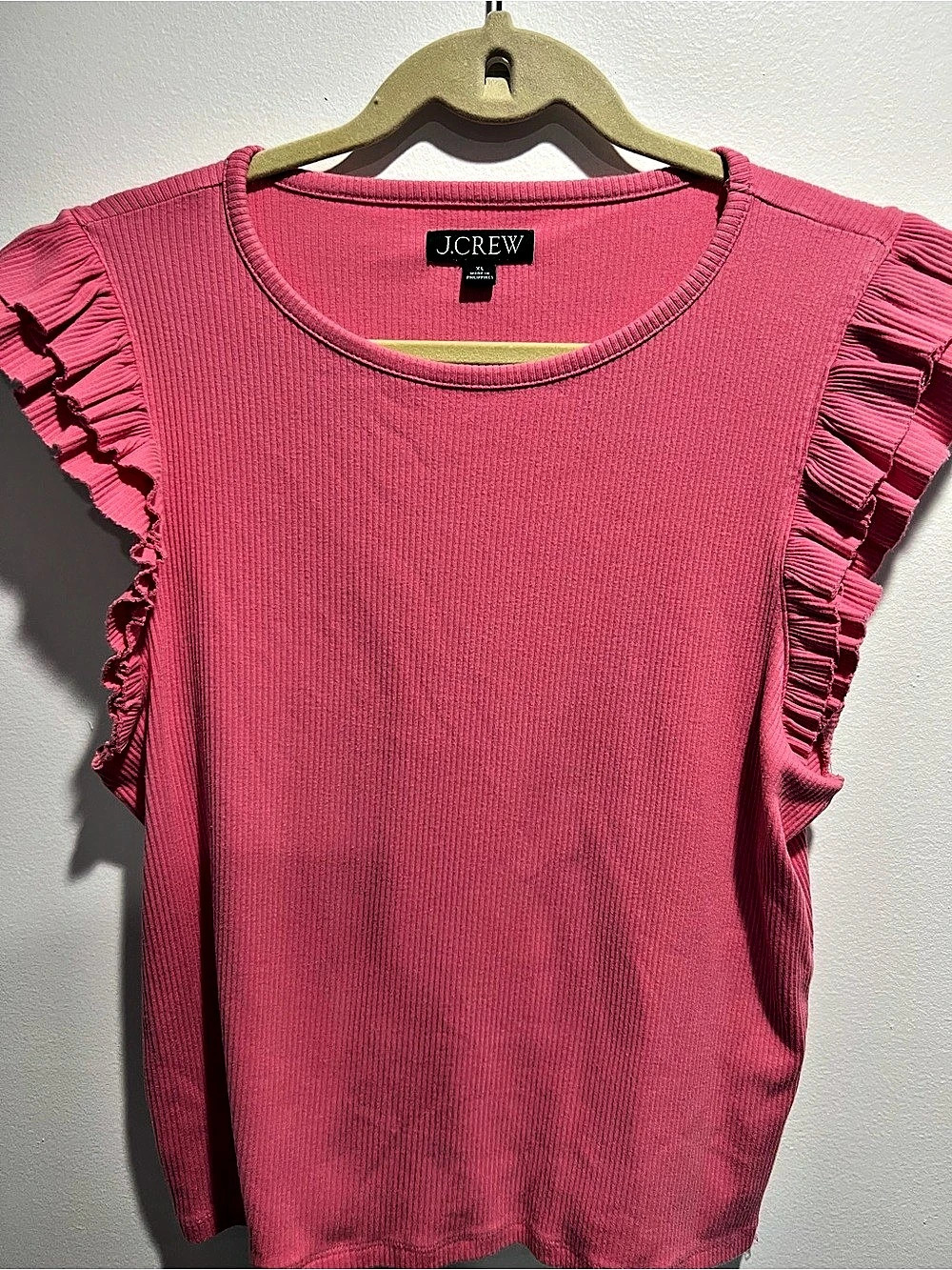 J.CREW Vintage Rib Ruffle-Sleeve Shirt Ruffle Sleeve Top in Pink XL Like New